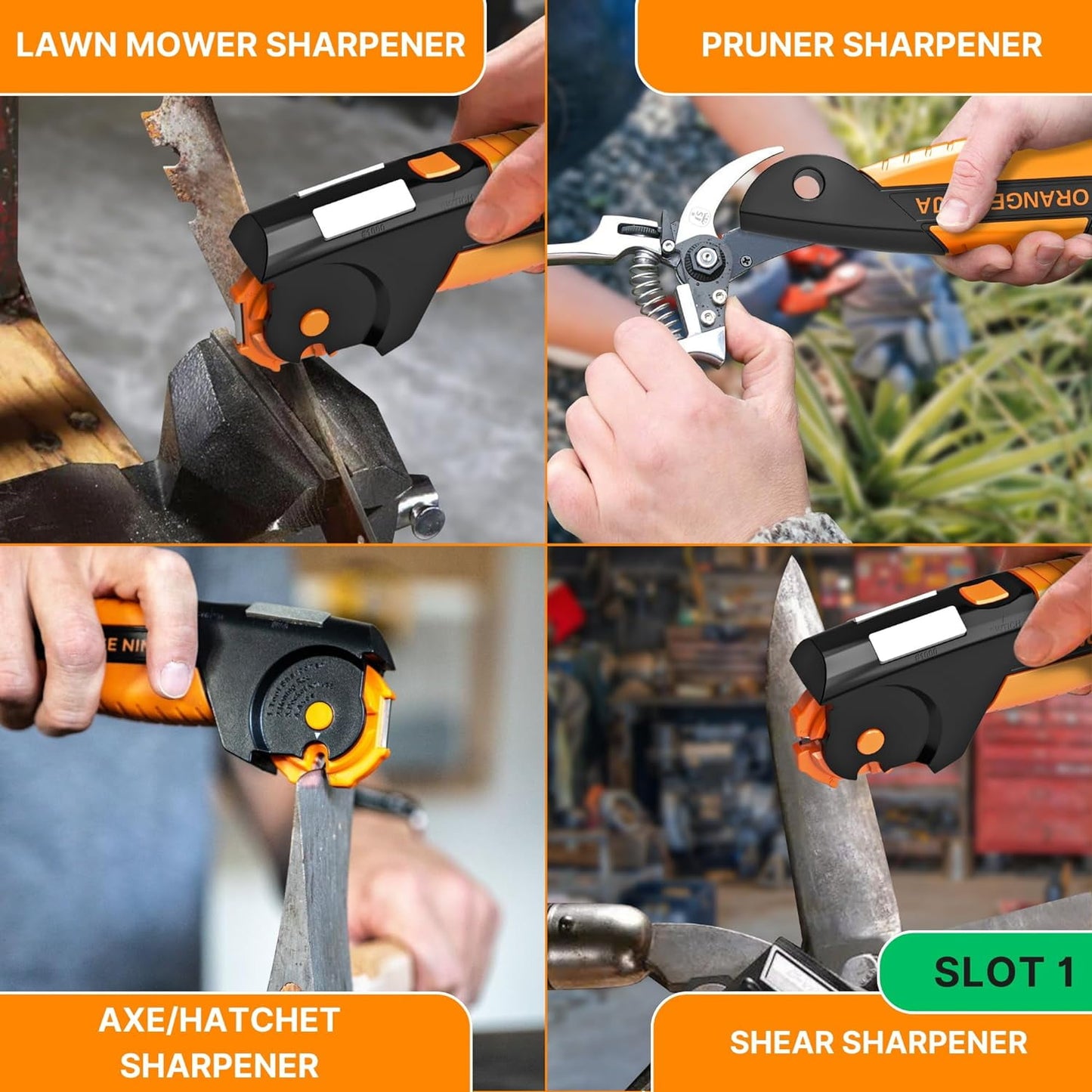 Orange Ninja Garden Tool & Knife Sharpener for Lawn Mower Blade, Scissors, Axe, Hatchet by Sharp Pebble
