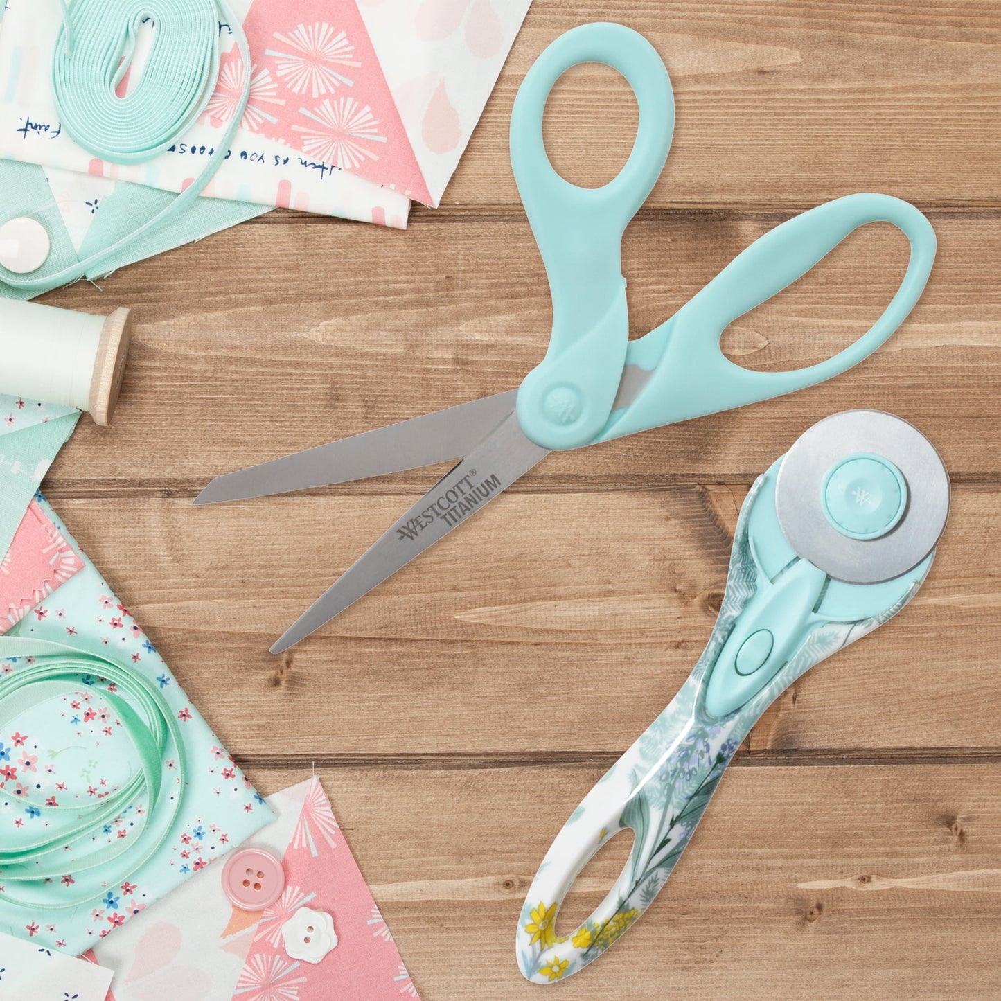 Westcott 8" Sewing Scissor and Rotary Cutter Set, Titanium, Blue, Floral, 2-Pack
