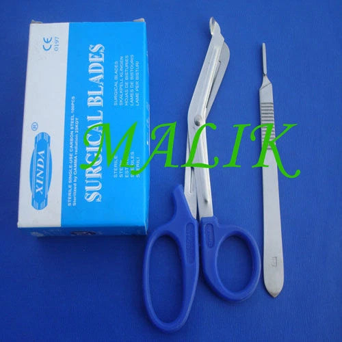 1 Scalpel Handle #3 +100 Blades #15 + Blue Color Emt Scissors 5.5"