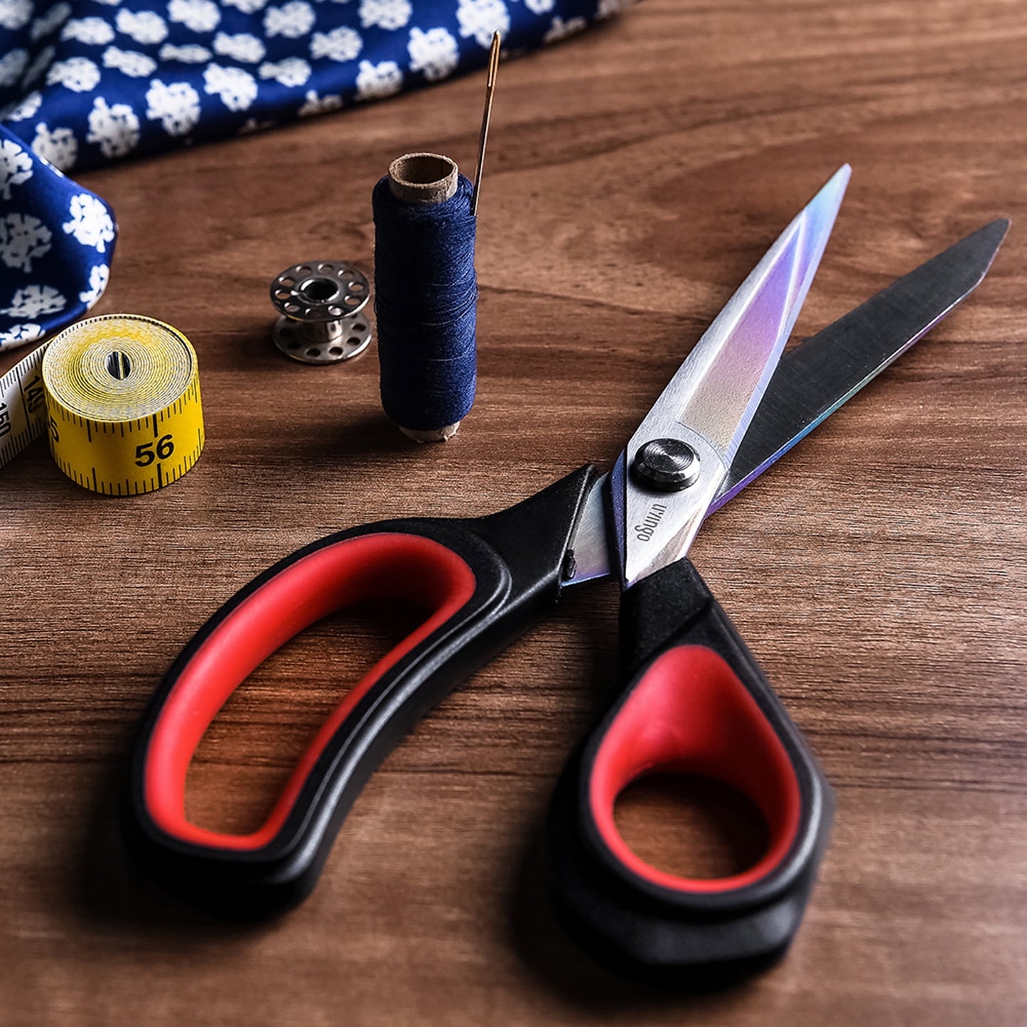 LIVINGO 9.5" Titanium Coated Hot Forged Fabric Scissors Heavy Duty Sharp Sewing Shears, Red Black