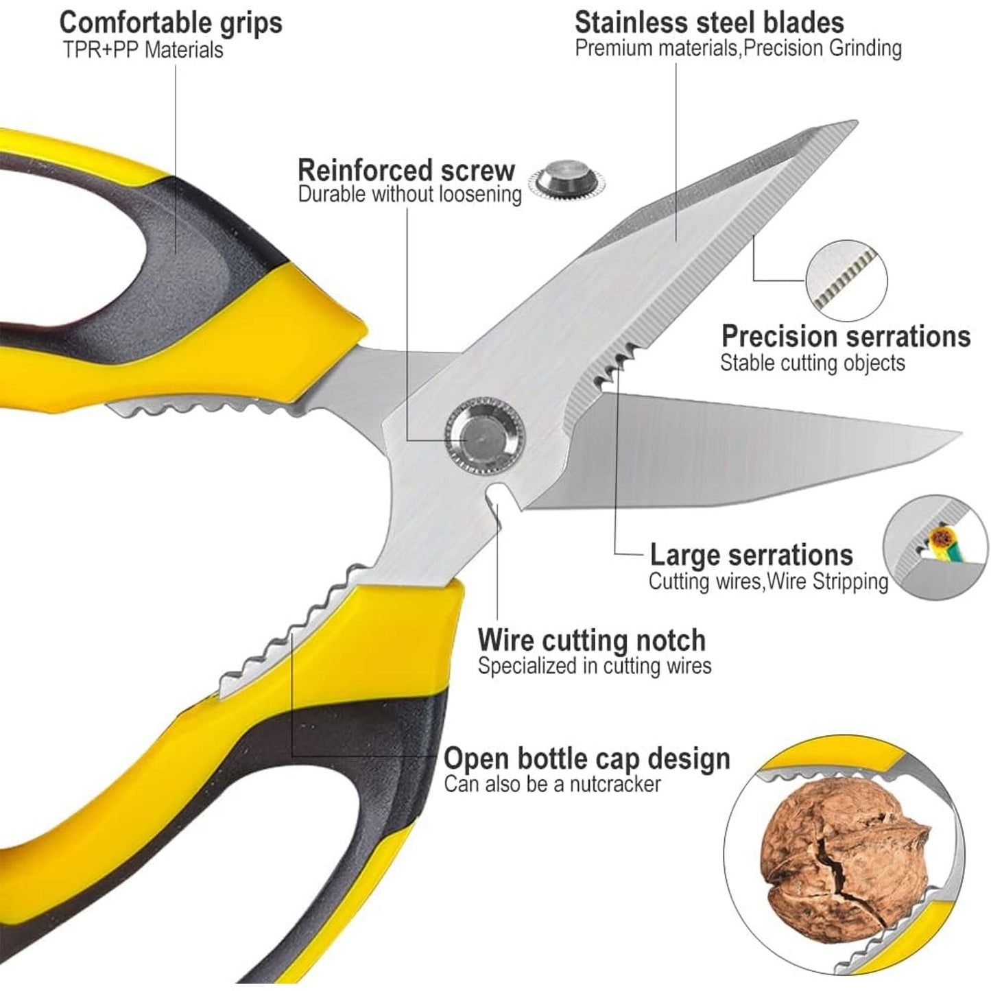 Scissors Heavy Duty 8'', Carpet Scissors, Multipurpose Scissors with Protective Cover, Stainless Steel Serrated Blades, Easy Cutting Cardboard, Leather, Fabric, Wires, Nutcracker