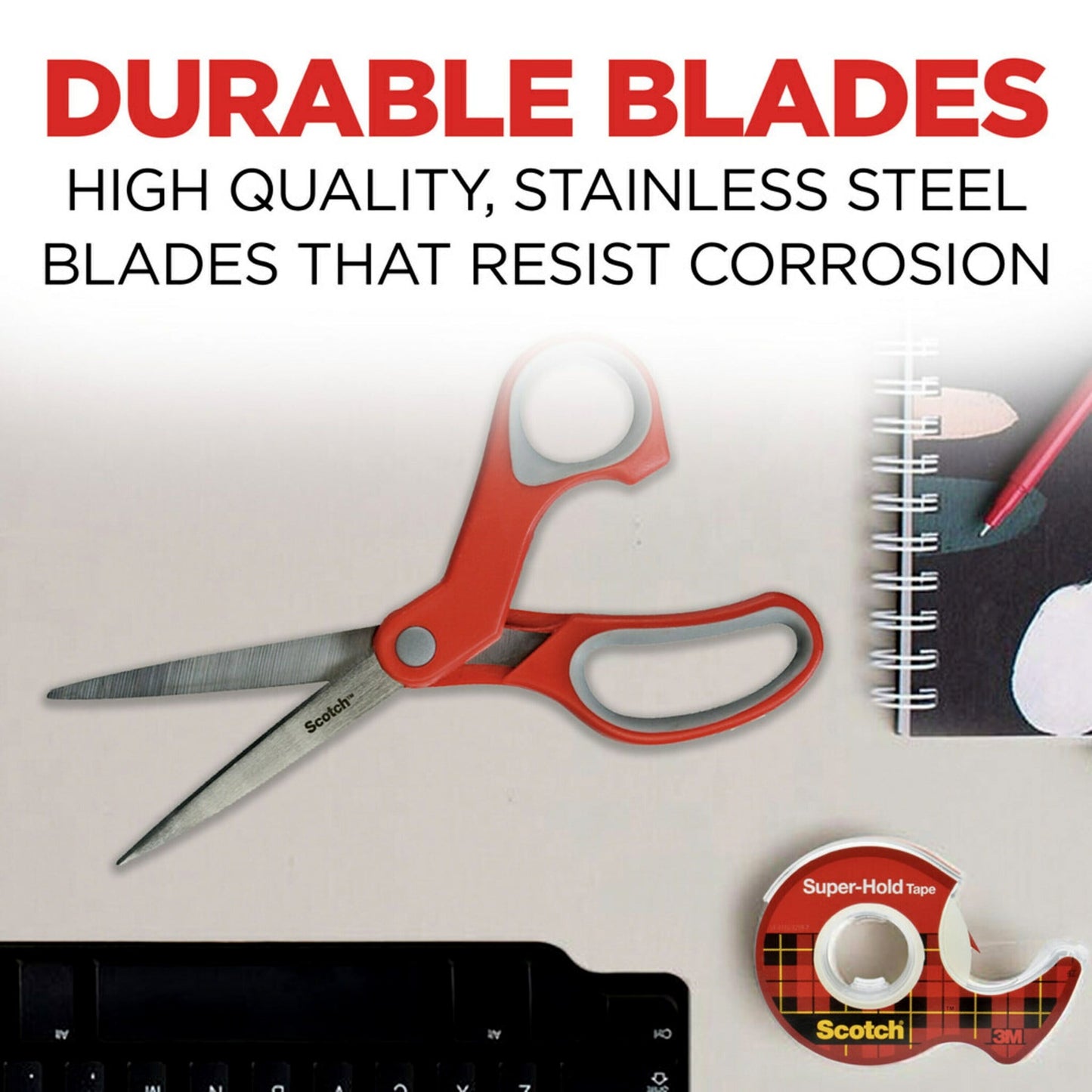 Scotch Multi-Purpose Stainless Steel Scissors, 8", Sharp Edge, Red & Grey