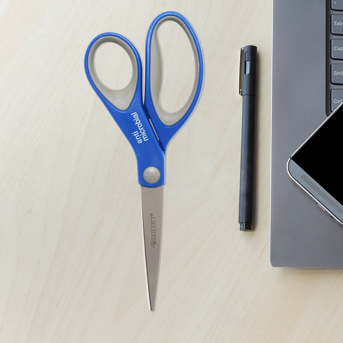 Westcott Anti-Microbial Soft Handle Scissors, 8", for Office, High School, Blue, 3-Pack