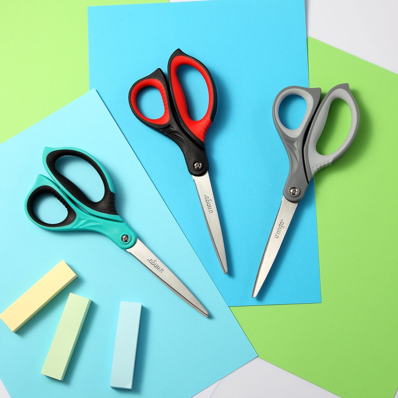 LIVINGO Scissors All Purpose, 8.5” 3 Pack Sharp Shears for Office Home Cutting Red Gray Blue