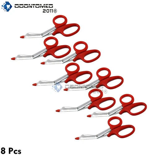 8 Pcs Bandage And Utility Scissors 5.5" Red Plastic Finger Rings Serrated Blade