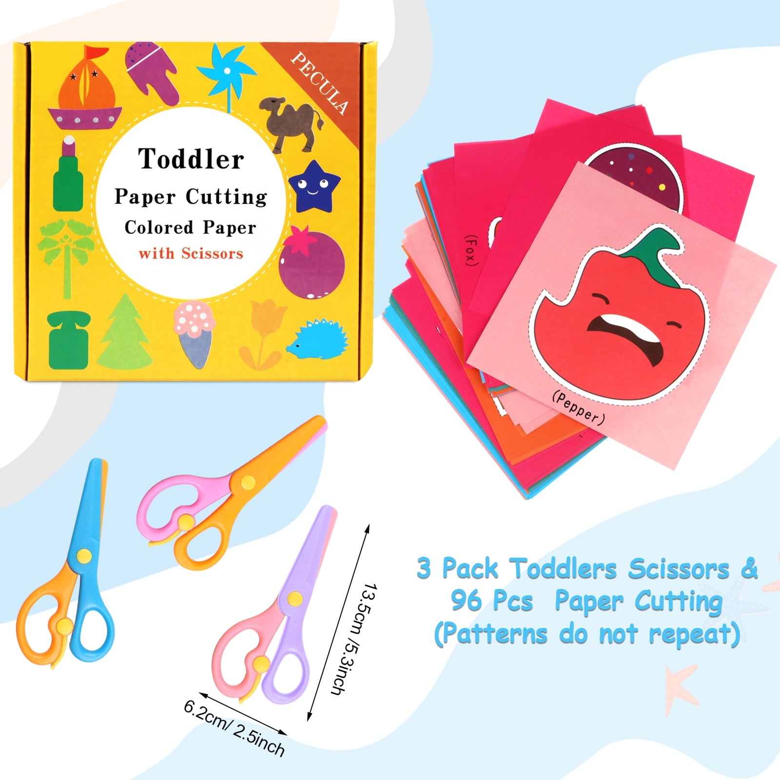Safety Scissors - Plastic, Dual-Color, 3 Pack with 96 Pcs Paper Cutting Set for Paper Craft Supplies