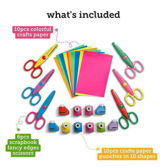 Incraftables Decorative Edge Craft Pattern Scissors 6pcs W/ Paper Hole Punches 10pcs & Craft Papers