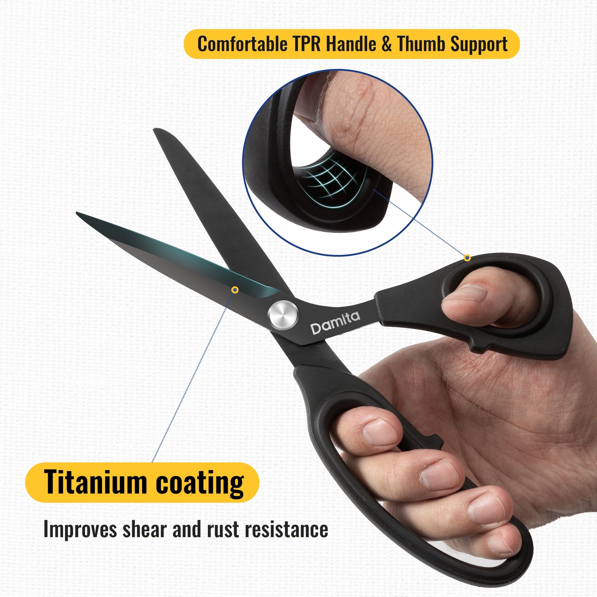 Damita 8.5" Heavy Duty Sewing Scissors - Black Titanium Coated, Premium Forged Fabric Scissors