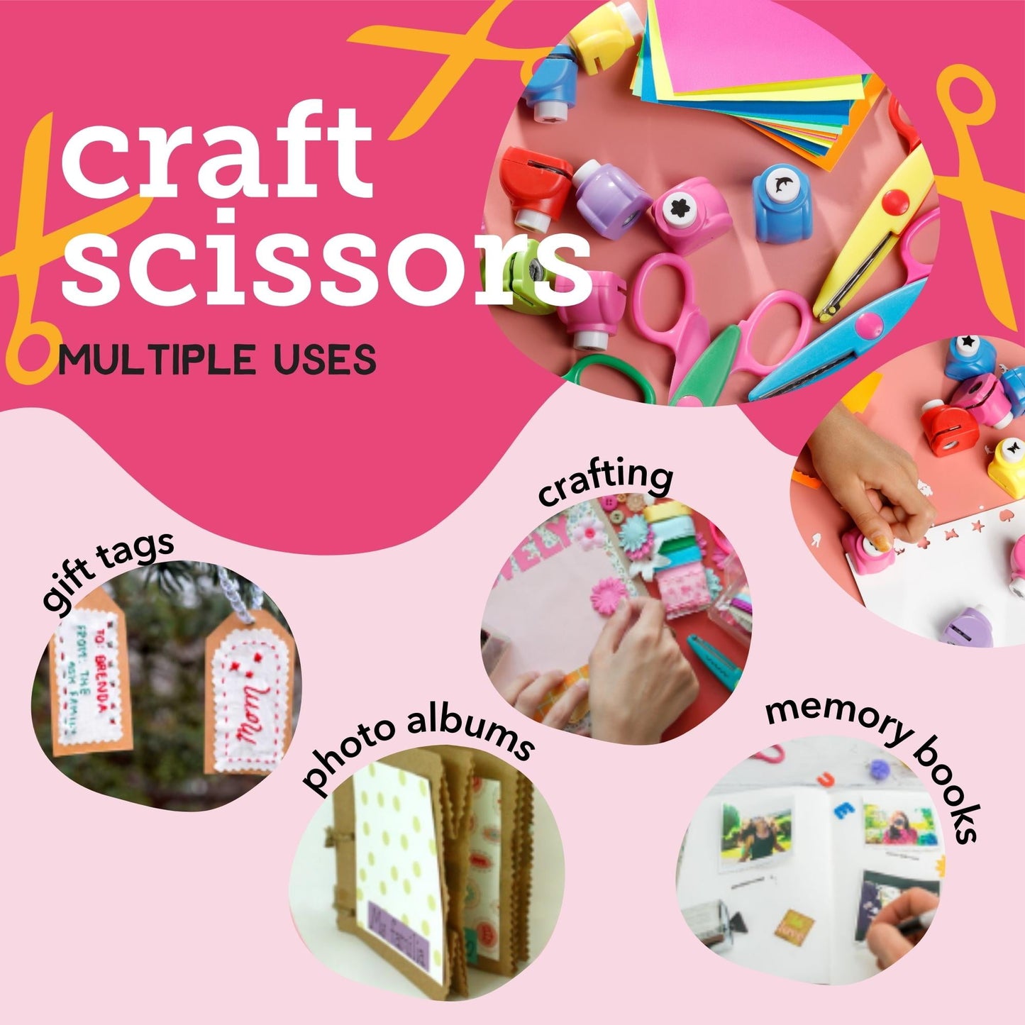 Incraftables Decorative Edge Craft Pattern Scissors 6pcs W/ Paper Hole Punches 10pcs & Craft Papers