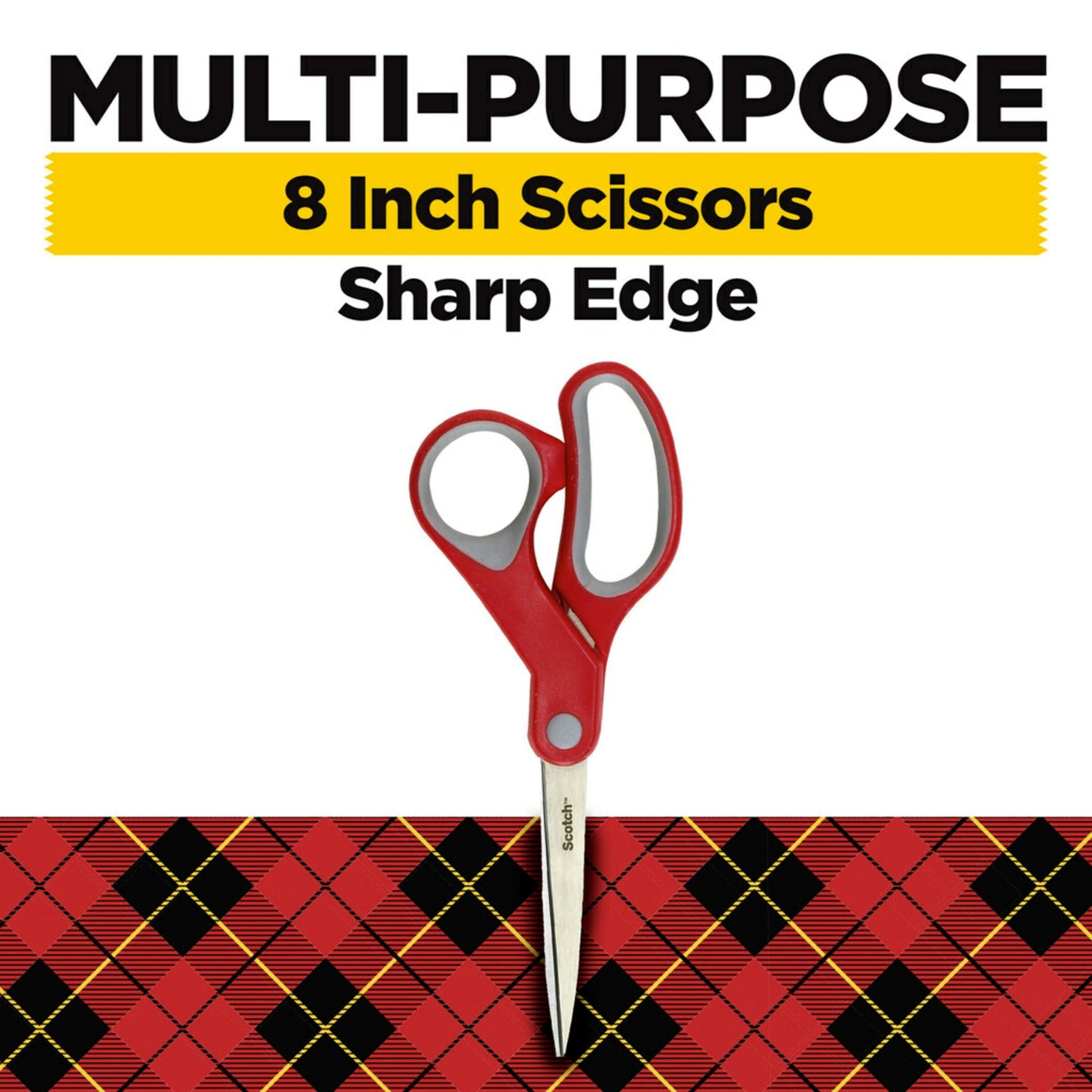 Scotch Multi-Purpose Stainless Steel Scissors, 8", Sharp Edge, Red & Grey