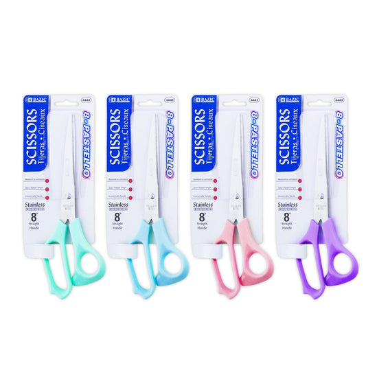 BAZIC 8" Pastel Stainless Steel Scissors, Straight Handle Sharp Blades, 24-Pack