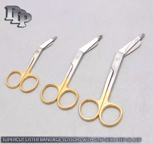 Fyna -3 Supercut Lister Bandage Scissors 3.5" + 4.5" + 7.5" Gold Handle Serrated Blade