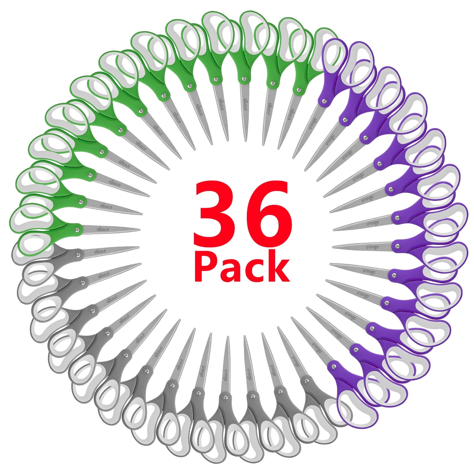 LIVINGO 36 Pack Office Scissors, 8” Sharp Bulk Scissors All Purpose Crafting Purple Green Gray