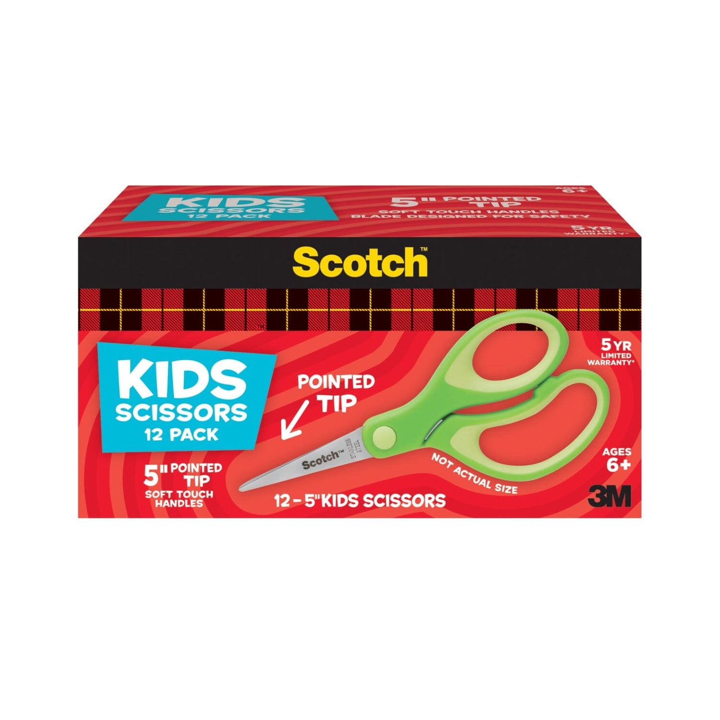 Scotch Soft Touch Kids Scissors, 5", Pointed Tip, Green, 12 Count