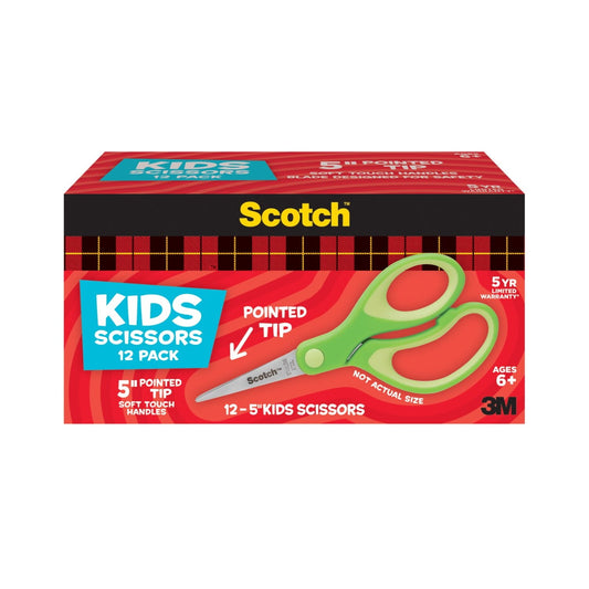 Scotch Soft Touch Kids Scissors, 5", Pointed Tip, Green, 12 Count