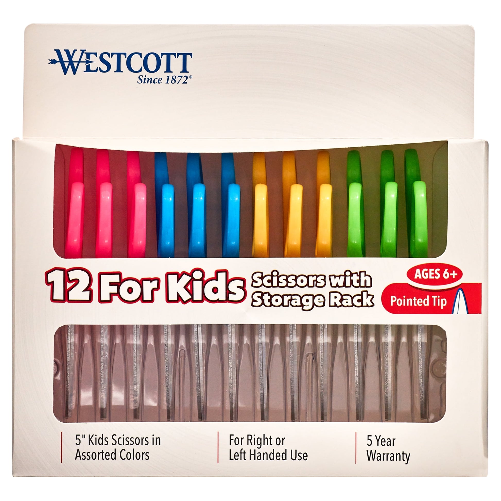 Westcott Kids Scissors, 5" Pointed, Assorted, 12/Pack, Preschool Educational Level.