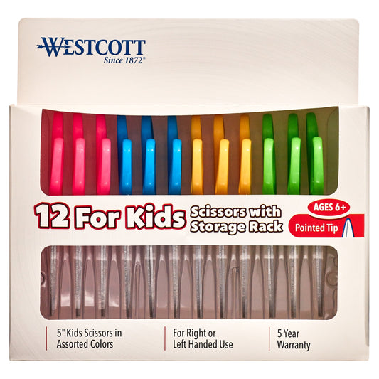 Westcott Kids Scissors, 5" Pointed, Assorted, 12/Pack, Preschool Educational Level.