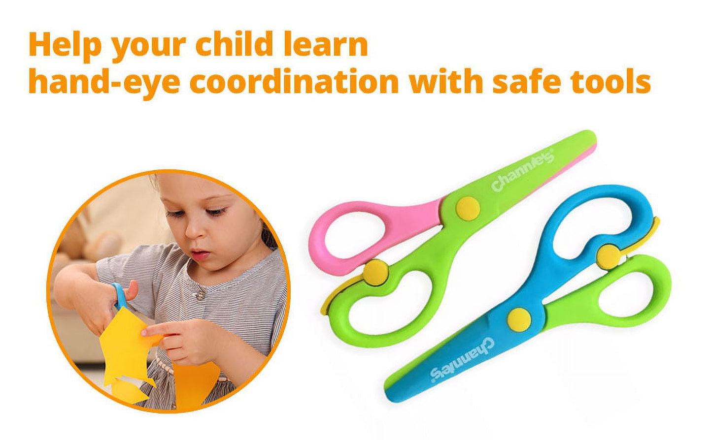 Channie's Safety Scissors for Small Hands (Ages 3-5) - Kid-Safe Plastic Training Scissors for Preschoolers, Child Hand-Eye Coordination Development, Kids Scissors, Toddler Safety Scissors (2 pack)