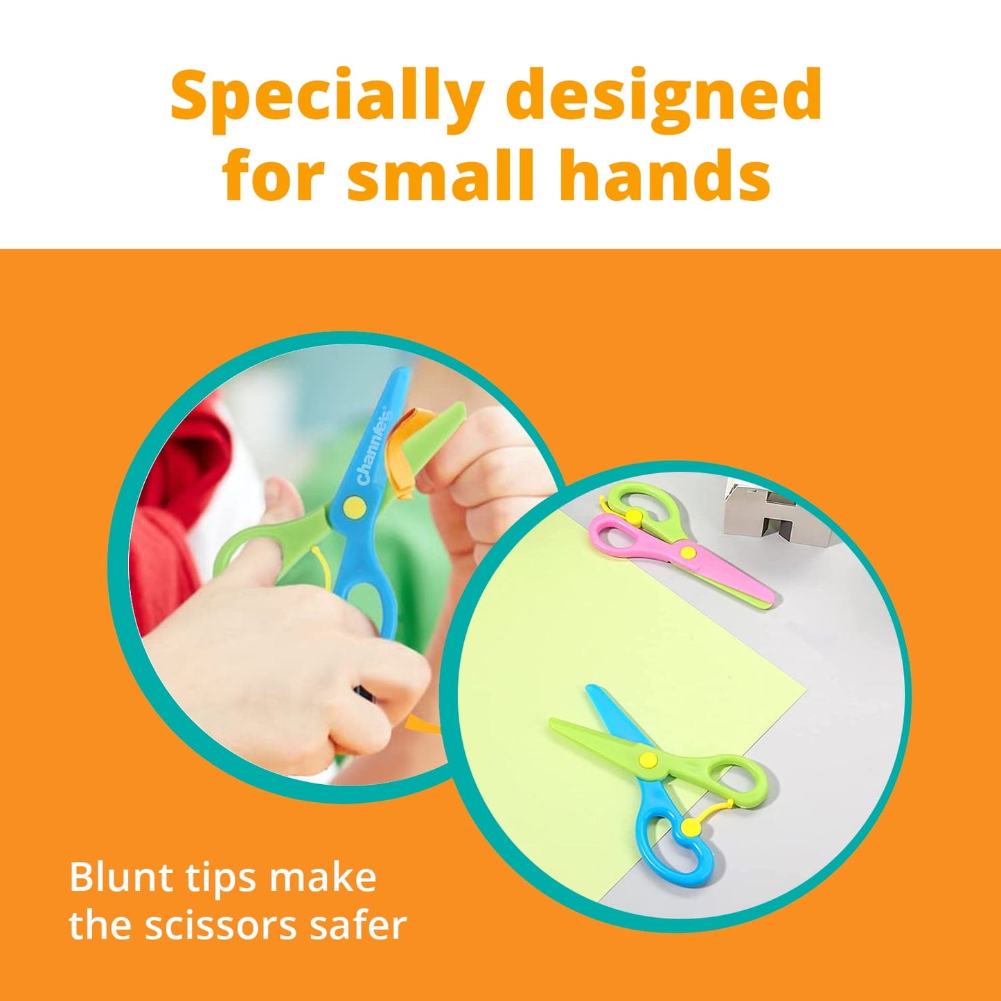 Channie's Safety Scissors for Small Hands (Ages 3-5) - Kid-Safe Plastic Training Scissors for Preschoolers, Child Hand-Eye Coordination Development, Kids Scissors, Toddler Safety Scissors (2 pack)